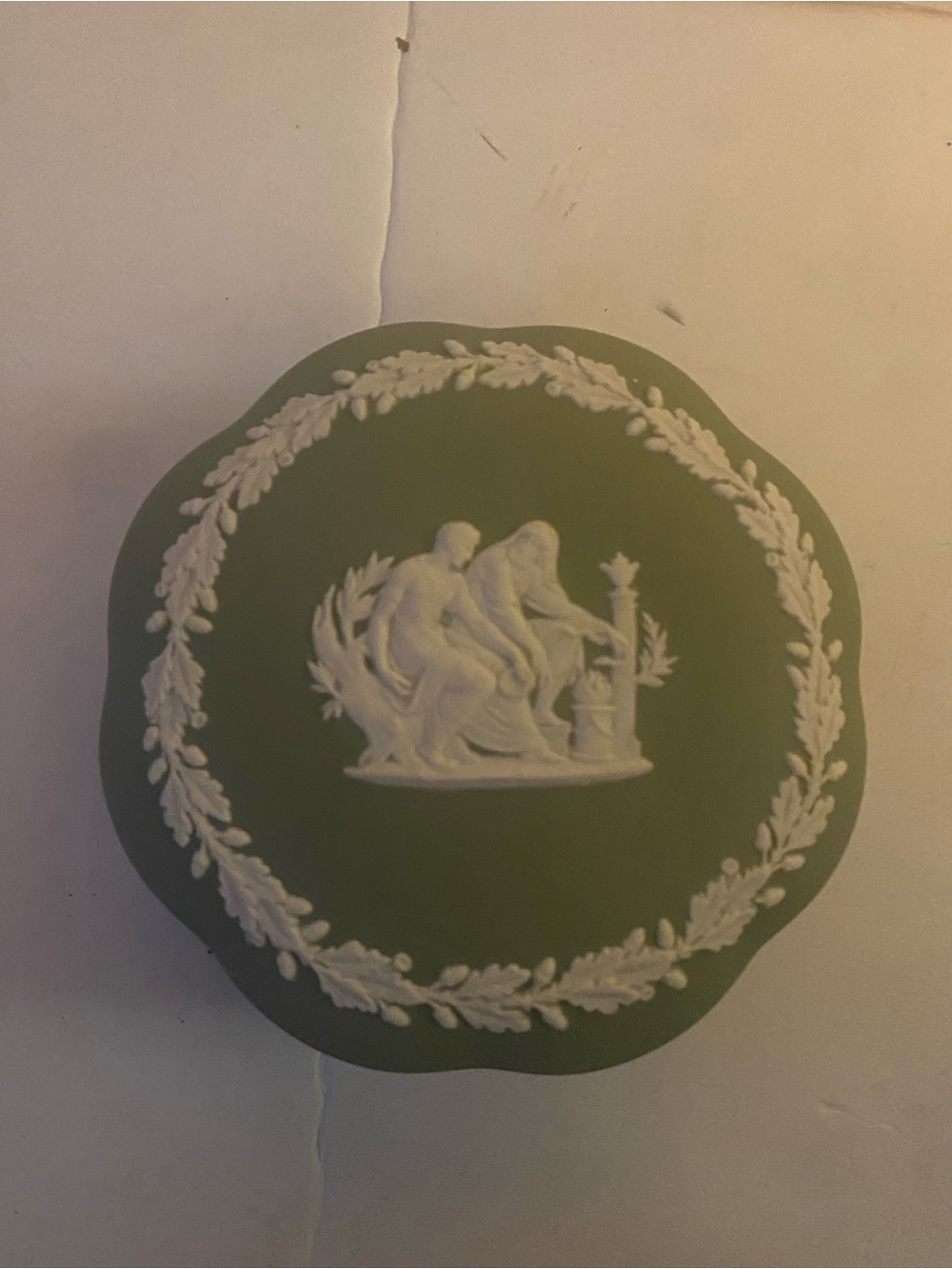 Wedgwood Green Jasper-ware Trinket Box Round Scalloped Box With Lid